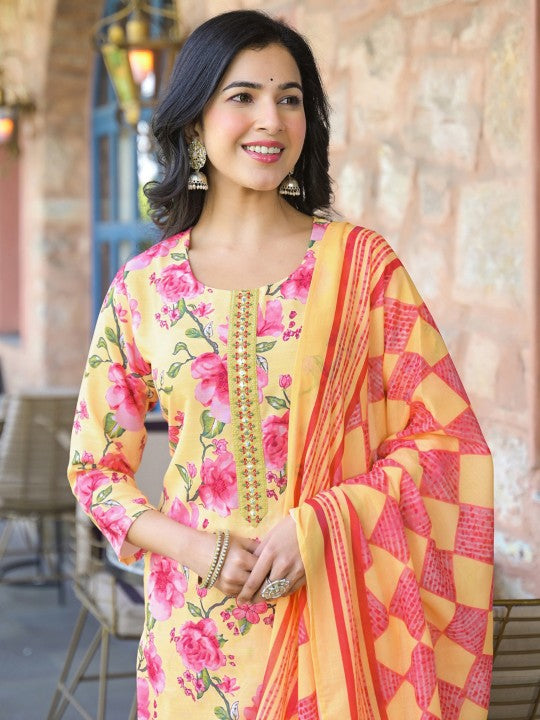 Floral Printed Straight Kurta With Trouser And Dupatta